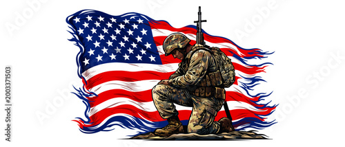 Bild auf Leinwand Patriotic Reflection: A solemn soldier kneels before the waving flag, evoking a sense of reverence, duty, and sacrifice