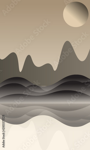 A serene sunset scene: a lone acacia tree silhouetted against a clear, gradient sky, overlooking rolling hills at dusk. Vector illustration