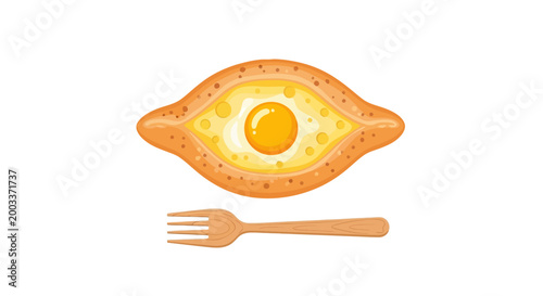 Georgian khachapuri with a raw egg yolk, a classic baked bread dish, served with a wooden fork, delicious food photography