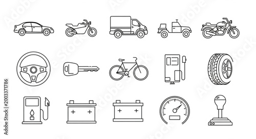 Collection of hand-drawn transportation and automotive icons.