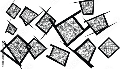 Hand drawn abstract pattern with scattered messy black squares and scribble lines