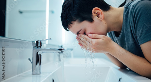 Rinsing eyes in bathroom sink