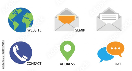 Contact Information Icons Representing Website Email Phone Address and Chat.