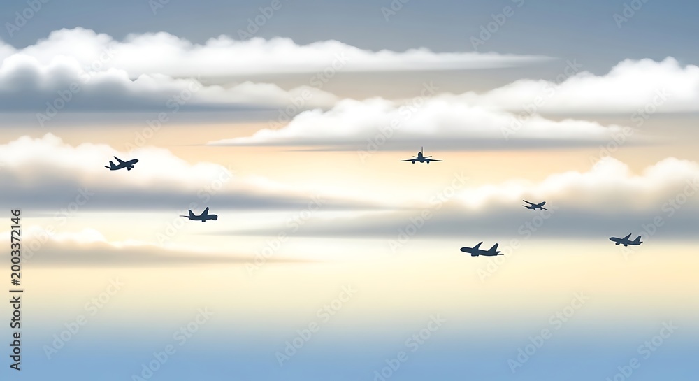 Fototapeta premium Jet fighters flying formation in cloudy sky at sunset, aerial view