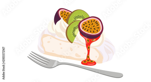 Elegant sweet dessert with meringue, whipped cream, kiwi, and passion fruit, drizzled with fruit sauce, served with a fork