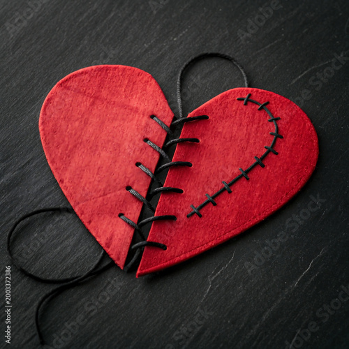A close-up view of a red felt heart, bisected and crudely sewn with black thread, lies on a dark, textured surface, evoking themes of brokenness and mending.