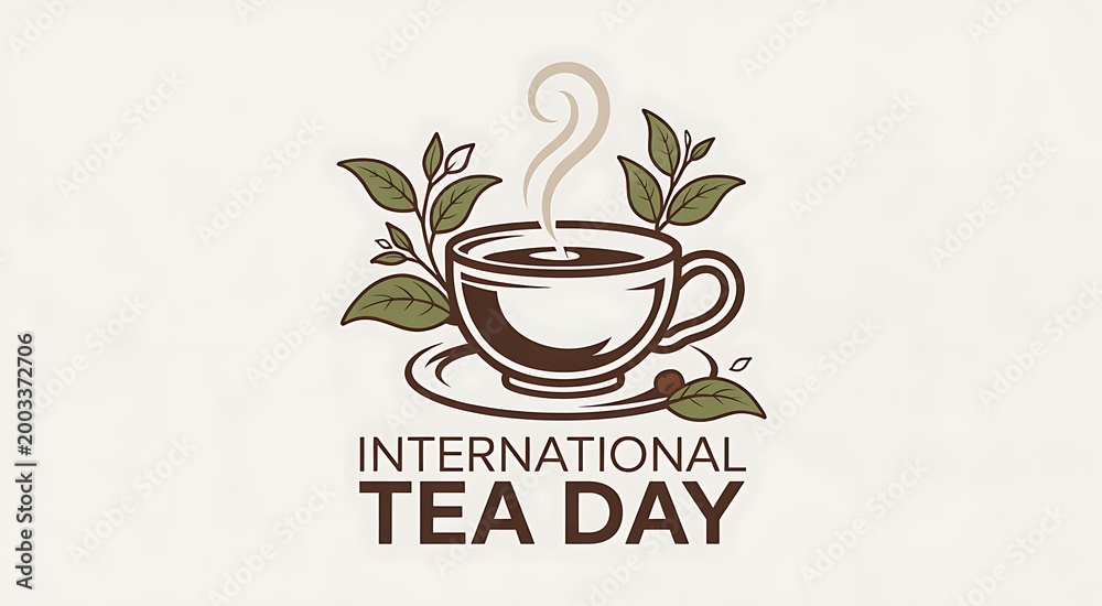 Fototapeta premium International tea day logo with a cup of tea and leaves on a beige background