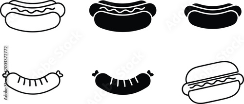 Hot dog vector icons black white sausage frankfurter and wiener graphics
