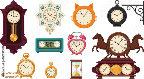 Vintage and Modern Clocks Set with Grandfather, Alarm, Hourglass, Pocket, and Wall Clocks Vector Illustration