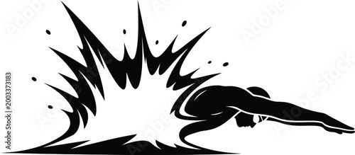 Black and white silhouette of a swimmer diving into water with a large splash