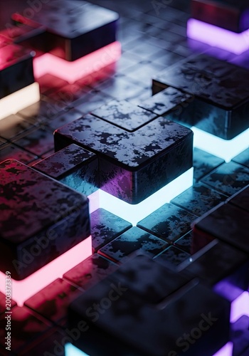 Abstract futuristic design with illuminated geometric blocks and digital patterns