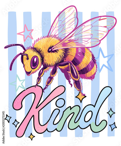 Colorful Whimsical Honey Bee Illustration with “Kind” Lettering and Pastel Striped Background