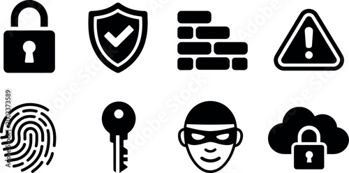 Collection of eight black vector icons representing security concepts isolated on transparent background