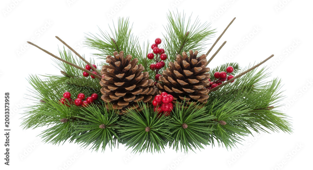 Fototapeta premium Pinecone and berry arrangement on green pine branches isolated on transparent background