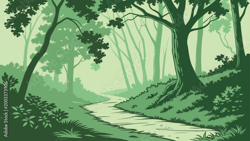 Vector collection of serene green nature landscapes, forest woods, mountain rivers, and bamboo groves in minimalist flat style.