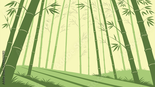 Vector collection of serene green nature landscapes, forest woods, mountain rivers, and bamboo groves in minimalist flat style.