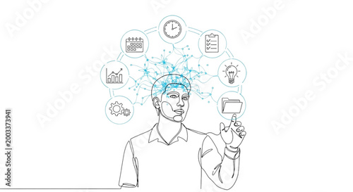 AI Productivity Continuous Line Art Person Task Automation Workflow Minimal Vector Illustration