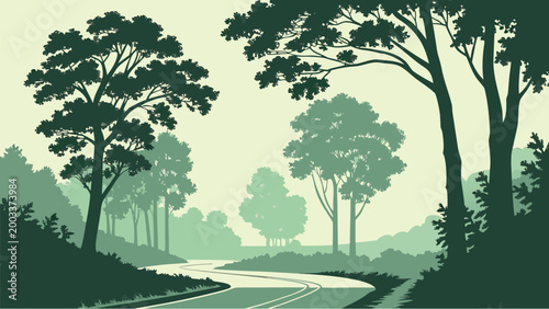Vector collection of serene green nature landscapes, forest woods, mountain rivers, and bamboo groves in minimalist flat style.