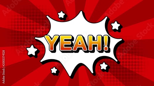 Yeah text word lettering popup comic cartoon reveal with bomb and smoke explosion manga anime book page dots with radial speed lines doodle red background with seamless loop animation retro clip