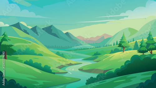 Vector collection of serene green nature landscapes, forest woods, mountain rivers, and bamboo groves in minimalist flat style.