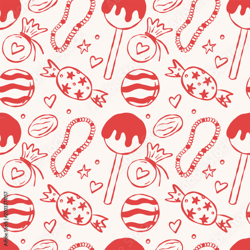 Red sketch-style candies on light background. Lollipops, striped sweets, hearts, and swirls. Playful, sweet, festive pattern ideal for holidays or children's themes. Perfect for wrapping paper