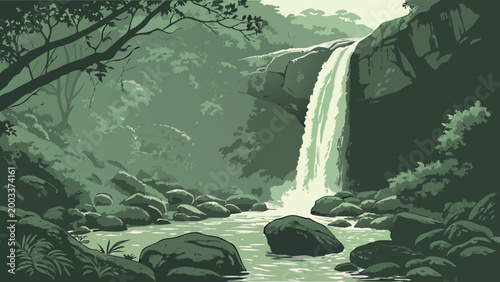 Vector collection of serene green nature landscapes, forest woods, mountain rivers, and bamboo groves in minimalist flat style.