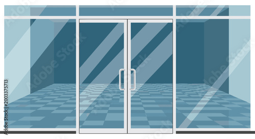 Clean illustration of a modern building entrance with double glass doors and large windows showing a tiled floor interior.