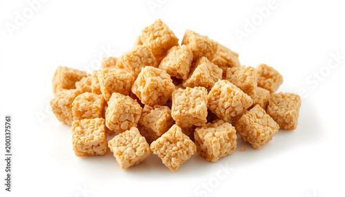 Crunchy puffed rice cubes isolated on white background crispy sweet snack food ingredient texture illustration design concept