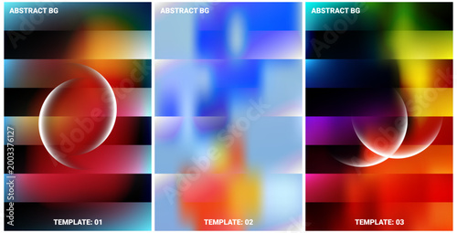 Abstract gradient background templates set with vibrant colorful blur shapes and glass sphere effects modern digital design collection for wallpapers