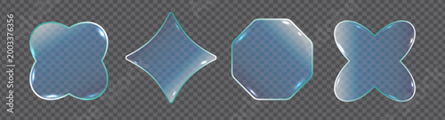 Four glossy, translucent blue shapes on transparent background. Each has rounded edges and soft highlights. Looks like abstract gems or decorative elements. Great for UI design, backgrounds