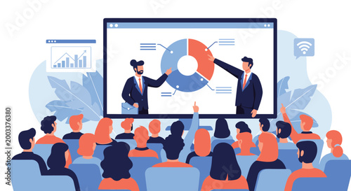 Business professional giving a data-driven presentation on a large digital screen to a diverse audience in a conference hall.