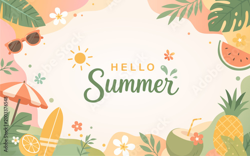 Hello Summer Tropical Background with Flat Illustration Elements.