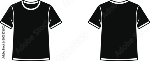 Front and Back View of a Black Short Sleeve T- Shirt on a White Background Keywords: t-shirt, shirt, clothing, apparel, black, front, back