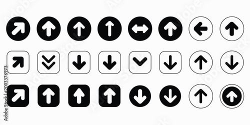 Collection of Arrow Icons in Circles and Squares with Different Directions Keywords: arrow, icon, set, direction, navigation, symbol, up