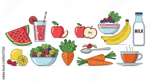 Set of healthy food icons including fruits vegetables milk juice and a salad bowl representing balanced nutrition.