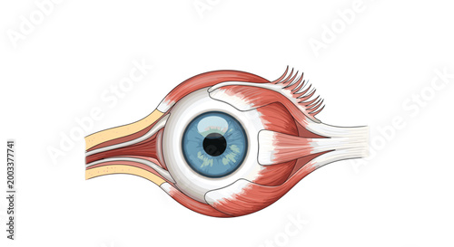 Detailed anatomical illustration of the human eye showing the eyeball muscles lens and surrounding tissues in profile.
