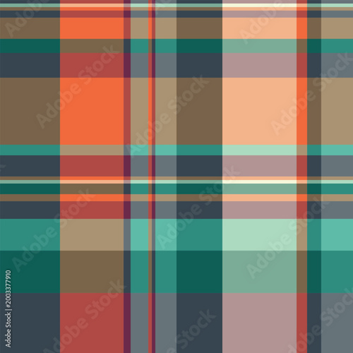 Patterned tartan check pattern, mix fabric texture background. Sketching textile seamless plaid vector in orange and pastel colors.