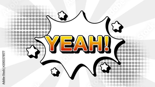 Yeah text word lettering popup comic cartoon reveal with bomb and smoke explosion manga anime book page dots with radial speed lines doodle white background with seamless loop animation retro clip