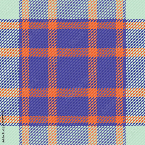 Detailed plaid pattern. Features blue, orange and green colors in a symmetric weave. Great for backgrounds, textiles, or creative designs.