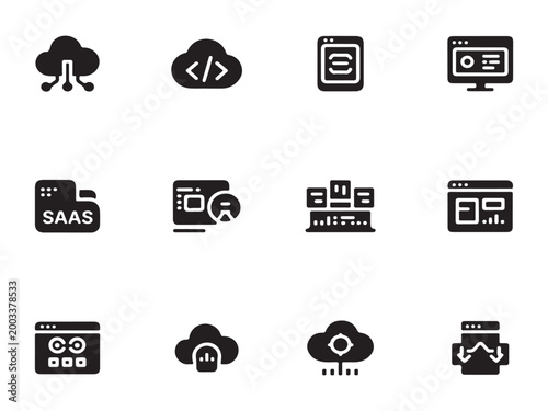 Tech startup and SaaS business icons for software services and innovation