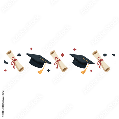 Graduation cap and diploma scroll vector border, academic celebration elements for mortarboard degree ceremony design