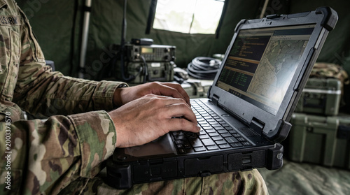 Soldier using military laptop inside tent with equipment around  