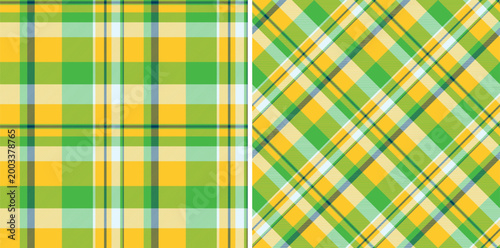 Vibrant tartan plaid pattern with sunny yellow, fresh green, and white hues. Classic and versatile design, ideal for backgrounds, apparel, or decorative projects.