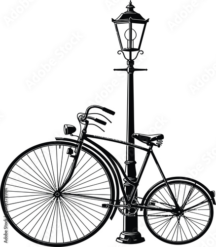 Valokuva Vintage bicycle parked next to an old fashioned metal street lamp post in a clas