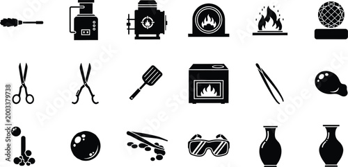 Collection of black and white icons representing various laboratory and household tools