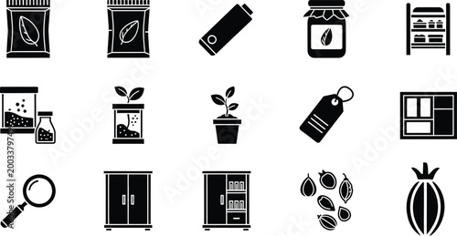 Set of black flat icons representing food products gardening storage and laboratory items