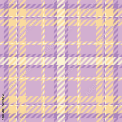Geometry fabric pattern texture, gentleman background seamless check. Gingham plaid tartan textile vector in purple and amber colors.