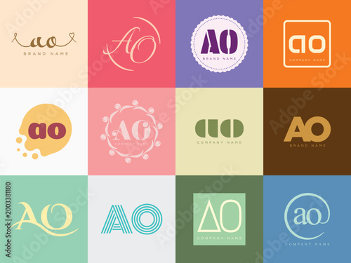 AO logo company template. Letter a and o logotype. Set different classic serif lettering and modern bold text with design elements. Initial font typography.