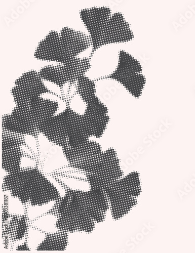 Black and white halftone floral pattern with dotted texture, abstract vintage botanical background design