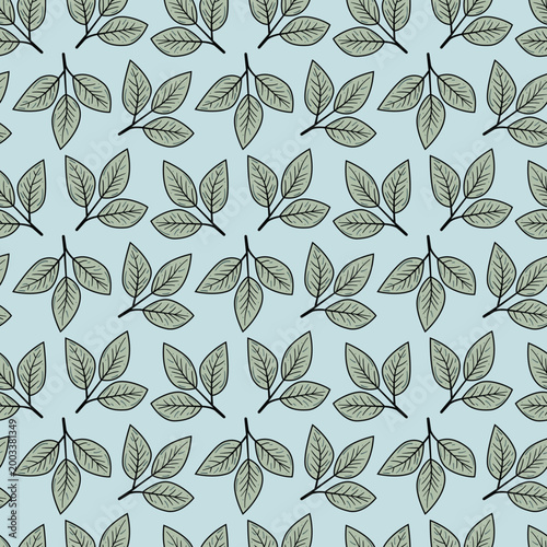 Elegant seamless pattern of stylized leaves on a pale blue background.  Perfect for textile design, wallpaper, or website backgrounds.  Subtle, organic feel evokes calmness and nature.
